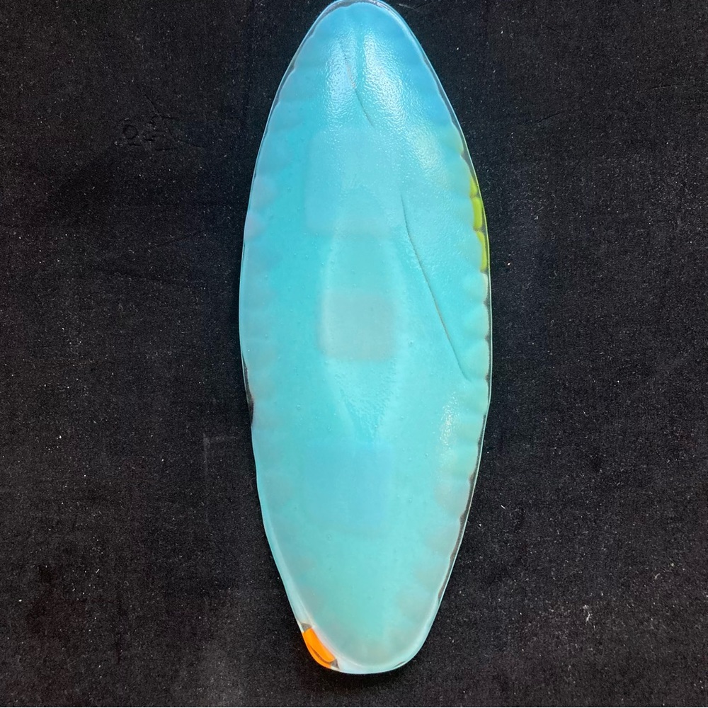 Handmade Aqua Blue Glass Oval Bowl with Fused Paint Gold Accents 10”x4” - Picture 6 of 9